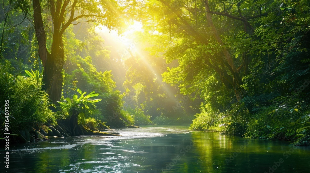 A picturesque nature background showcasing a serene river winding through a lush forest, with dappled sunlight filtering through the trees and creating a tranquil and idyllic scene