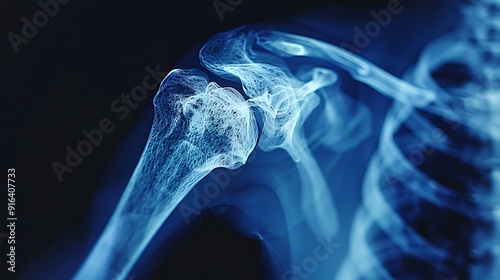 High-resolution X-ray of a dislocated shoulder in a lateral position, showing the joint dislocation clearly, blue monochromatic filter, minimalistic medical background, radiological context.