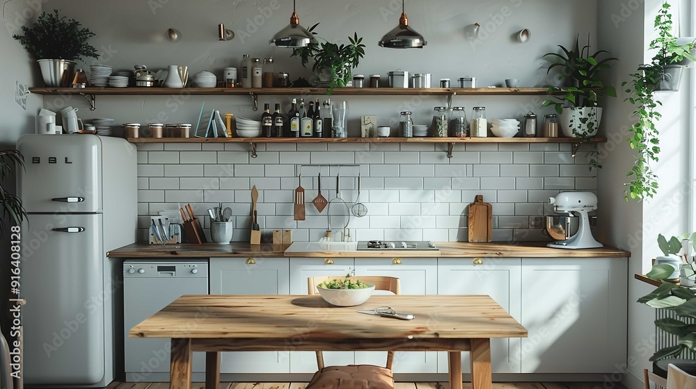 A Scandinavian-style kitchen with white cabinets, a wood countertop, a black stove, and some plants on the shelves. A Scandinavian-style kitchen with white cabinets, a wood countertop, a black stove, and some plants on the shelves.