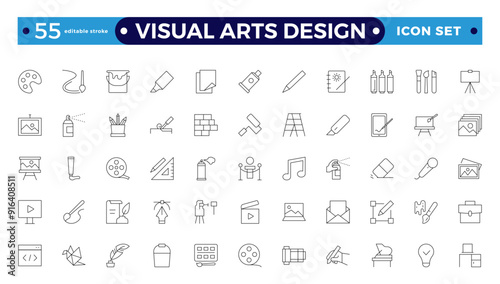 Art icon set. It contains literature, architecture, sculpture, art, exhibition, painting, music, design, and museum icons—editable stroke outline icons.