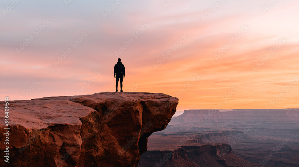 Fototapeta premium Backpacker Overlooking a Vast Canyon at Sunrise