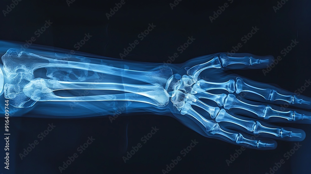 Pediatric wrist X-ray showing clear signs of carpal tunnel syndrome, detailed bone and tissue structure, blue monochrome, high-resolution, clinical environment, clean presentation. --ar 16:9 --v 6. Pediatric wrist X-ray showing clear signs of carpal tunnel syndrome, detailed bone and tissue structure, blue monochrome, high-resolution, clinical environment, clean presentation. --ar 16:9 --v 6.