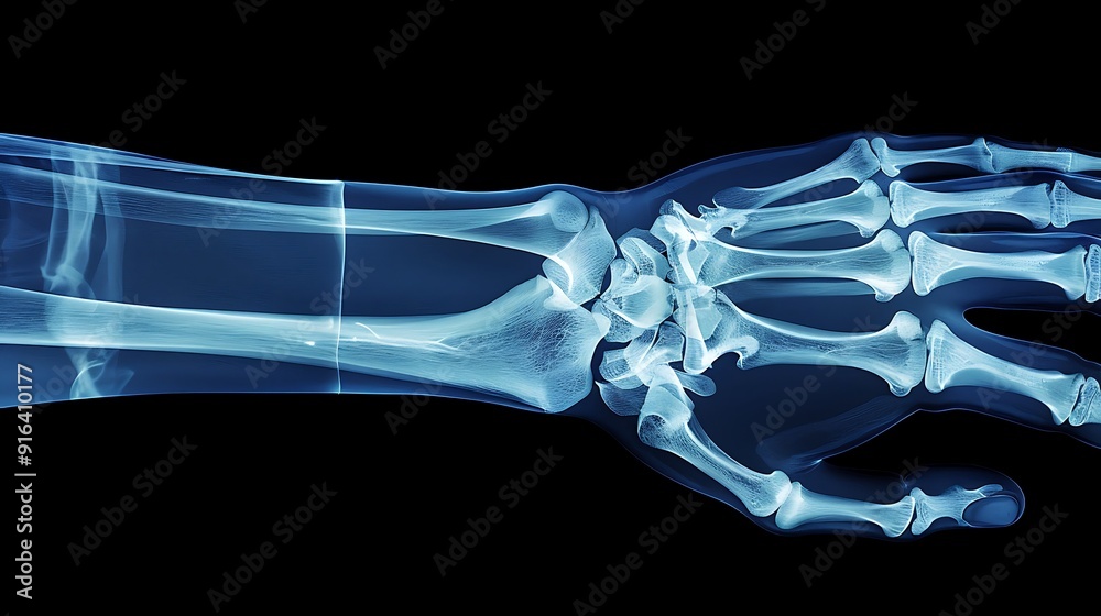 Side-view X-ray of a healing fracture in a wrist, showing the surgical hardware clearly, sharp and detailed image, blue monochromatic filter, medical context, clean presentation, radiological setting. Side-view X-ray of a healing fracture in a wrist, showing the surgical hardware clearly, sharp and detailed image, blue monochromatic filter, medical context, clean presentation, radiological setting.