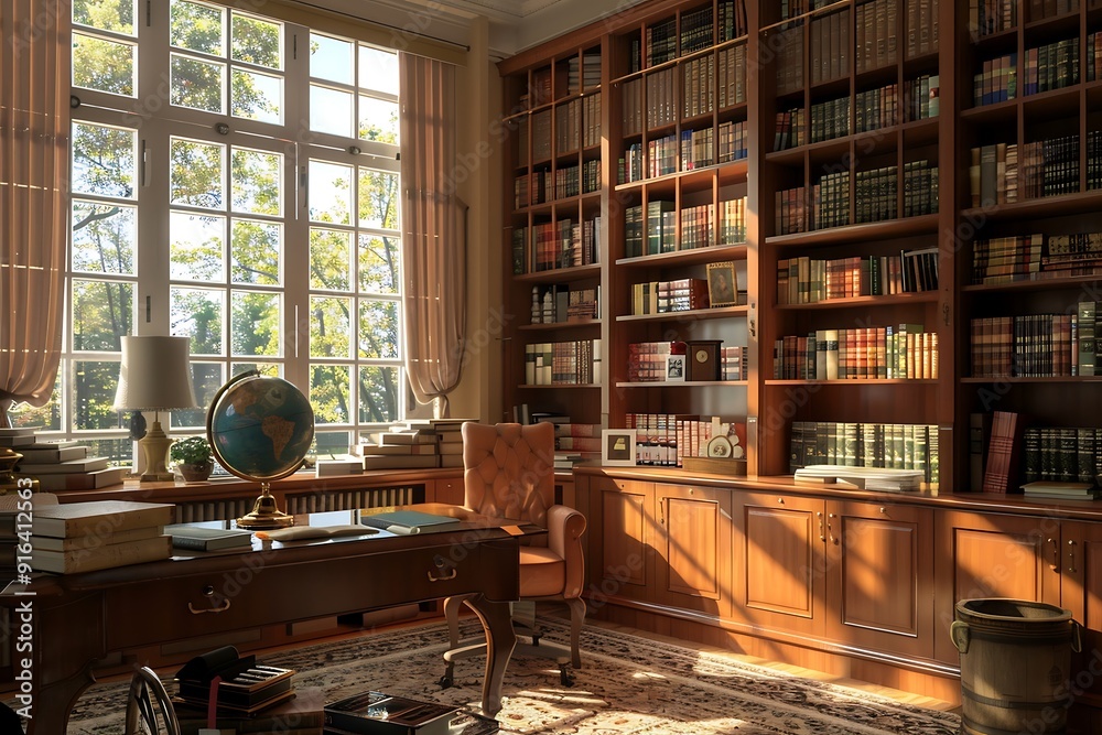 Luxury library interior with bookshelf, bookcase, chair and globe Luxury library interior with bookshelf, bookcase, chair and globe
