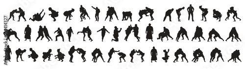 Set of Black Silhouettes of Sumo Fighters