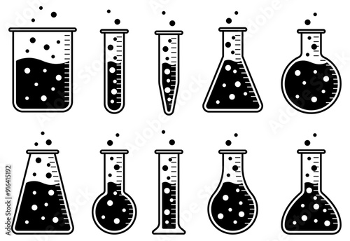 様々な形の実験用具、フラスコ、ビーカー、試験管などのガラス器具のベクターイラストセット