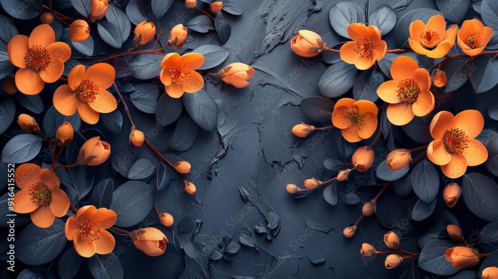 A sleek wallpaper design with a black background, highlighting an elegant bunch of leaves and flowers, offering plenty of copy space A sleek wallpaper design with a black background, highlighting an elegant bunch of leaves and flowers, offering plenty of copy space