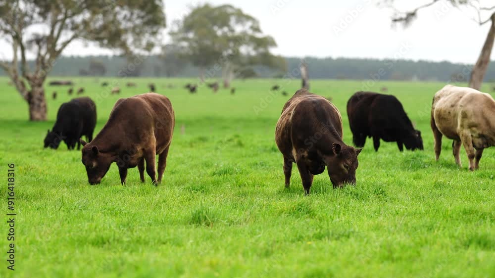 beautiful cattle in Australia eating grass, grazing on pasture. Herd of cows free range beef being regenerative raised on an agricultural farm. Sustainable farming
beautiful cattle in Australia eating grass, grazing on pasture. Herd of cows free range beef being regenerative raised on an agricultural farm. Sustainable farming