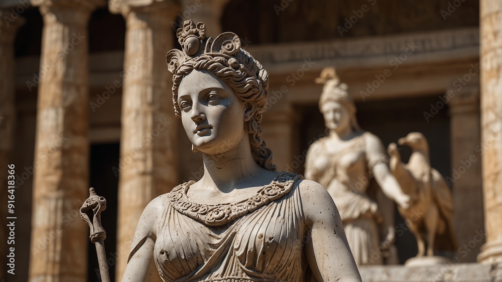 A statue of Hera in an ancient Greek temple, with peacocks and a scepter in the background. A statue of Hera in an ancient Greek temple, with peacocks and a scepter in the background.