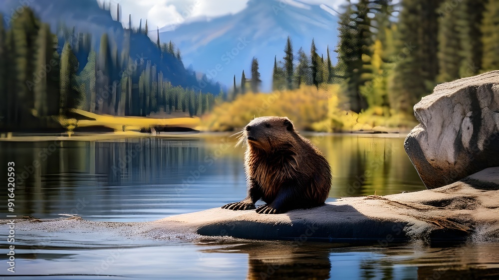 bear is lying at the lake, best illustration(wallpaper) for nature lover