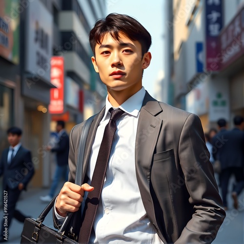 20代、30代のオフィス街にいるアジア人男性（日本人・韓国人イメージ）　Asian Man in His 20s or 30s Wearing a Suit in an Office District
 photo