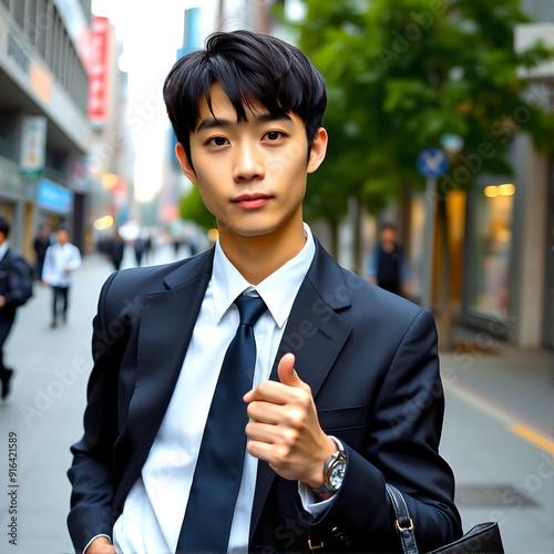 20代、30代のオフィス街にいるアジア人男性（日本人・韓国人イメージ）　Asian Man in His 20s or 30s Wearing a Suit in an Office District
 photo