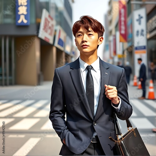 20代、30代のオフィス街にいるアジア人男性（日本人・韓国人イメージ）　Asian Man in His 20s or 30s Wearing a Suit in an Office District
 photo