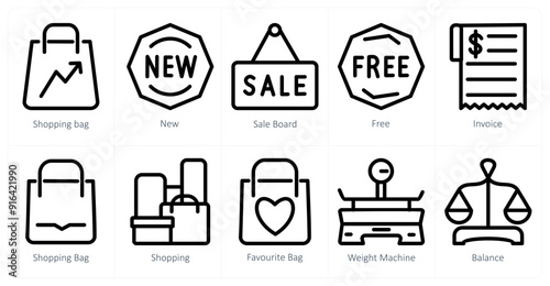 A set of 10 shopping icons as shopping bag, new, sale board