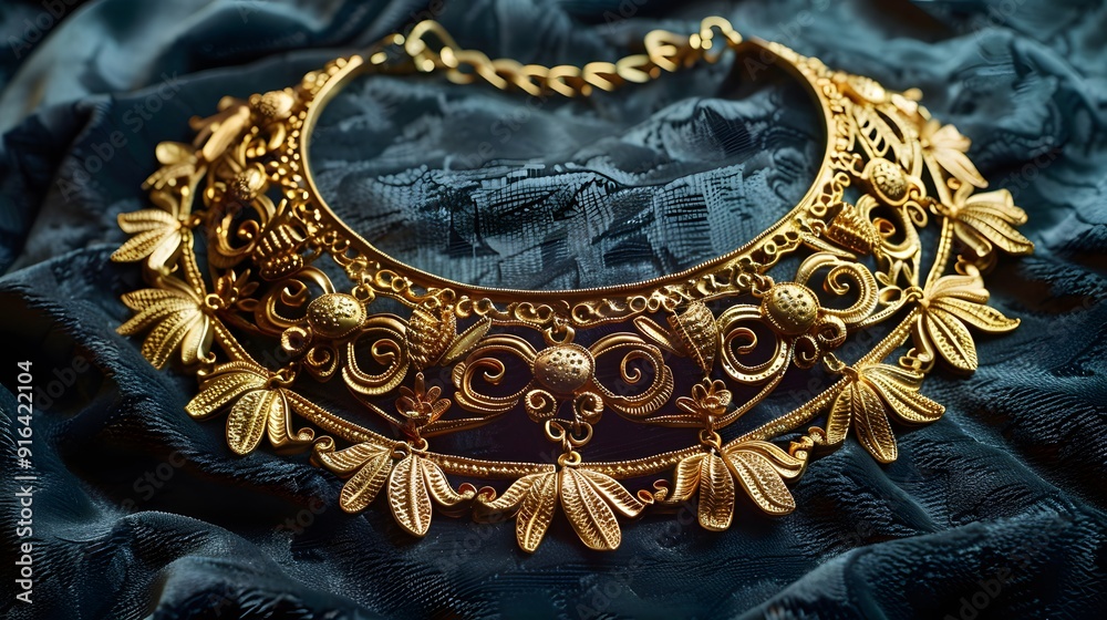 A stunning gold necklace with intricate filigree design displayed on a velvet background A stunning gold necklace with intricate filigree design displayed on a velvet background
