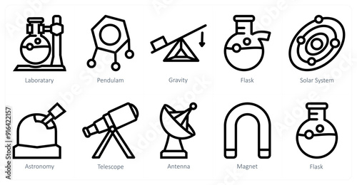 A set of 10 science icons as laboratory, pendulam, gravity