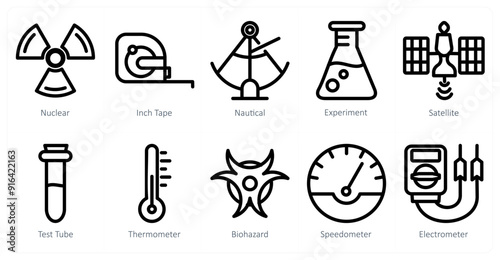 A set of 10 science icons as nuclear, inch tape, nautical