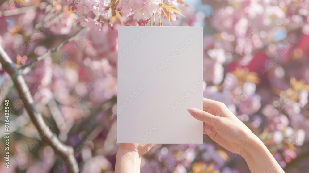 A mockup of an A4 blank card held in a woman's hand against a cherry blossom backdrop, evoking a spring mood with soft pastel hues resembling a watercolor painting. A mockup of an A4 blank card held in a woman's hand against a cherry blossom backdrop, evoking a spring mood with soft pastel hues resembling a watercolor painting.
