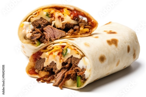 Brisket Breakfast Burrito , white background.
