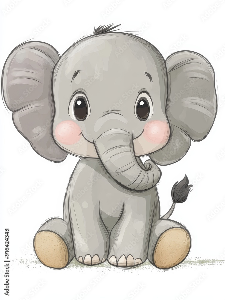 Fototapeta premium Cute Cartoon Baby Elephant with Big Eyes