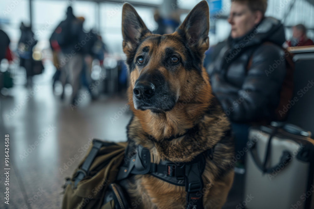 A German Shepherd in the airport, wearing security gear, waits for passengers to board their flight, with bustling background activity creating depth of field. A German Shepherd in the airport, wearing security gear, waits for passengers to board their flight, with bustling background activity creating depth of field.
