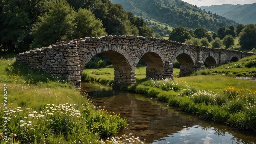 An ancient stone bridge spanning a clear stream, flanked by lush meadows and open flower fields. An ancient stone bridge spanning a clear stream, flanked by lush meadows and open flower fields.