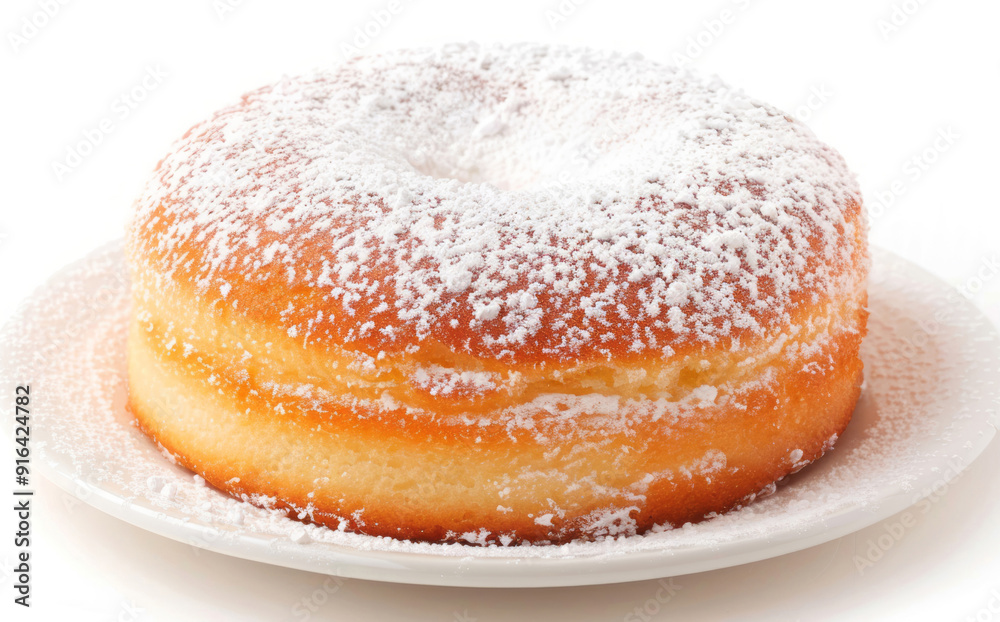 A fluffy, soft cake dusted with confectioner's sugar on top, isolated on a white background. A fluffy, soft cake dusted with confectioner's sugar on top, isolated on a white background.