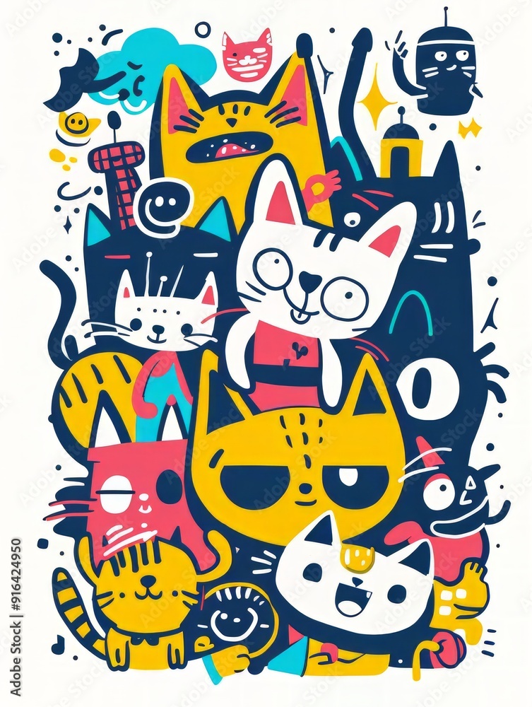 Cute Cat Doodle Illustration for Merchandise Clothing, Fashion Textile, Sport Apparel and Clothes Design Printing, Street Art Graffiti Pattern, Colorful Streetwear Design Bundle