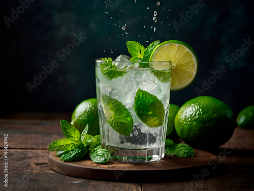 A refreshing mojito drink recipe, featuring fresh mint leaves, lime wedges, and a splash of sparkling water.