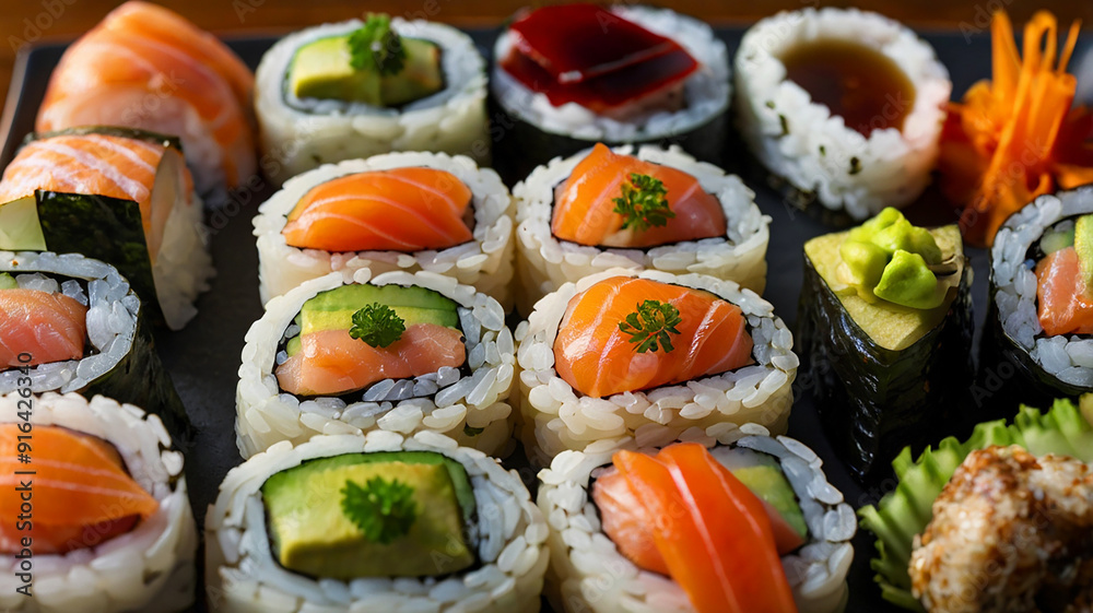 A Beautifully Arranged Platter Of Assorted Sushi, Featuring Vibrant Colors, Garnishes, And Dipping Sauces, Restaurant Food Menu Image A Beautifully Arranged Platter Of Assorted Sushi, Featuring Vibrant Colors, Garnishes, And Dipping Sauces, Restaurant Food Menu Image
