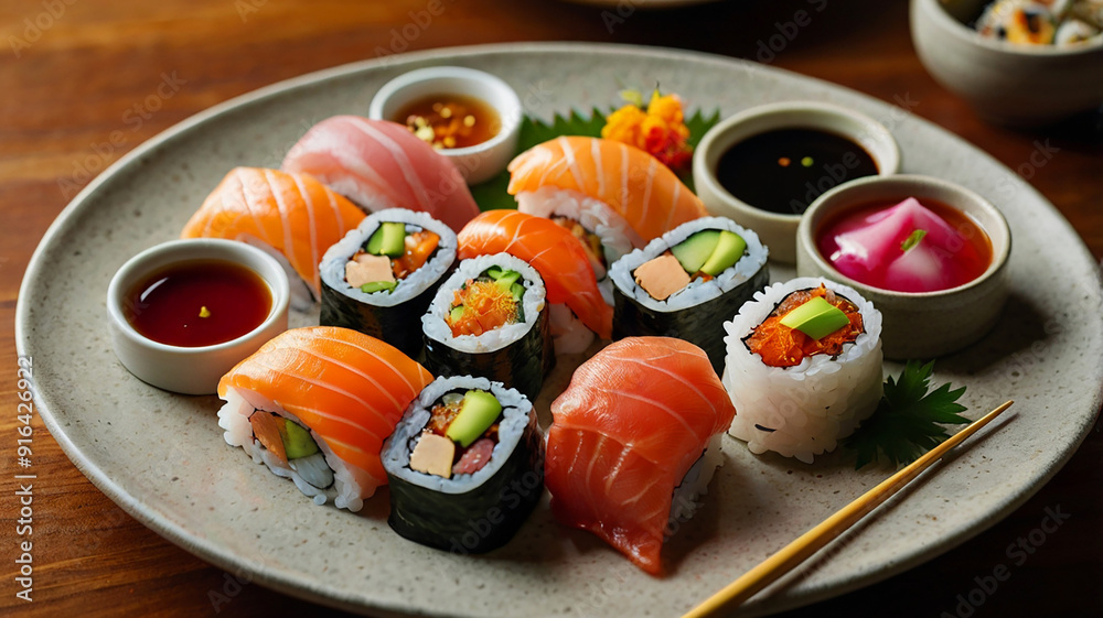 A Beautifully Arranged Platter Of Assorted Sushi, Featuring Vibrant Colors, Garnishes, And Dipping Sauces, Restaurant Food Menu Image A Beautifully Arranged Platter Of Assorted Sushi, Featuring Vibrant Colors, Garnishes, And Dipping Sauces, Restaurant Food Menu Image