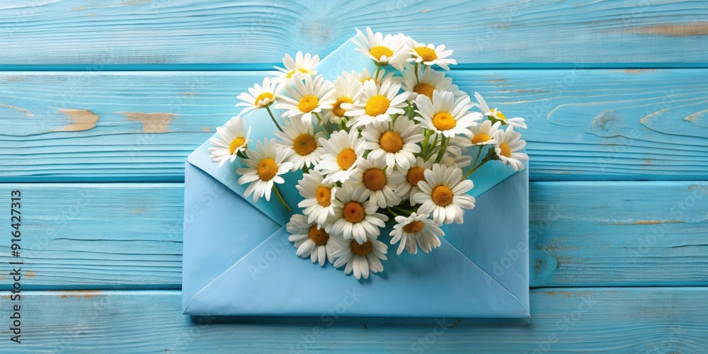 Obraz premium Spring chamomile flowers tucked in a blue envelope , chamomile, flowers, spring, blue envelope, nature, blooming, seasonal