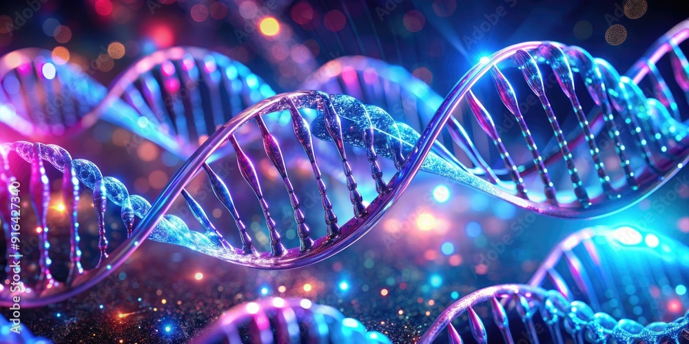 Close-up futuristic DNA structure with neon lights on holographic background , Biomedical, Abstract, Cyberpunk, Neon