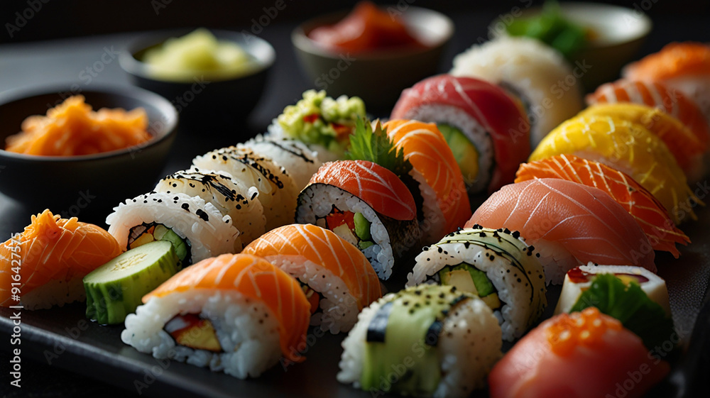 A Beautifully Arranged Platter Of Assorted Sushi, Featuring Vibrant Colors, Garnishes, And Dipping Sauces, Restaurant Food Menu Image A Beautifully Arranged Platter Of Assorted Sushi, Featuring Vibrant Colors, Garnishes, And Dipping Sauces, Restaurant Food Menu Image