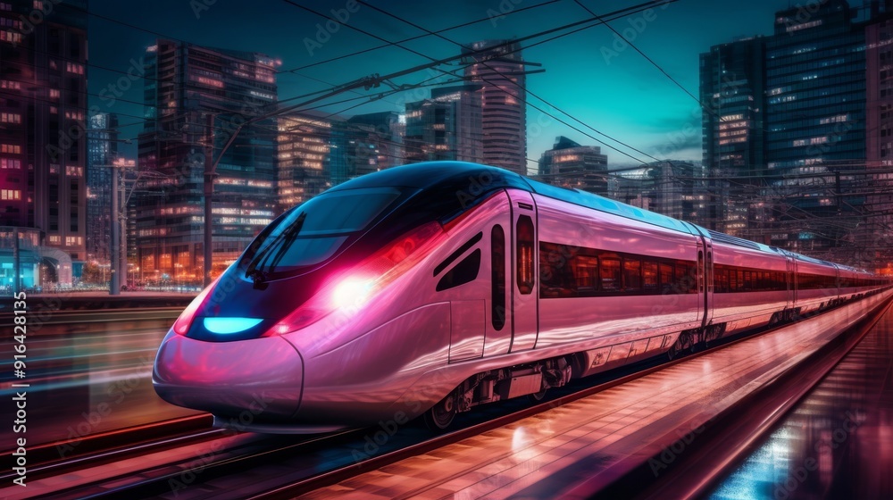A silver train is traveling down a track in a city at night A silver train is traveling down a track in a city at night