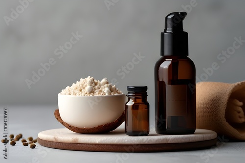 Skin care laboratory for natural beauty cosmetic product. Mock up bottle with pestle and mortar. Generative AI