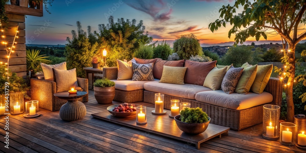 Luxurious terrace filled with cushions and candles, creating a cozy ambiance in a garden at night , luxury, terrace, cushions Luxurious terrace filled with cushions and candles, creating a cozy ambiance in a garden at night , luxury, terrace, cushions