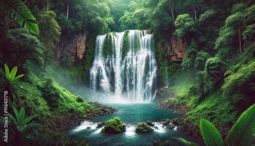 Lush Rainforest Waterfall With Tranquil Pool and Vibrant Greenery.