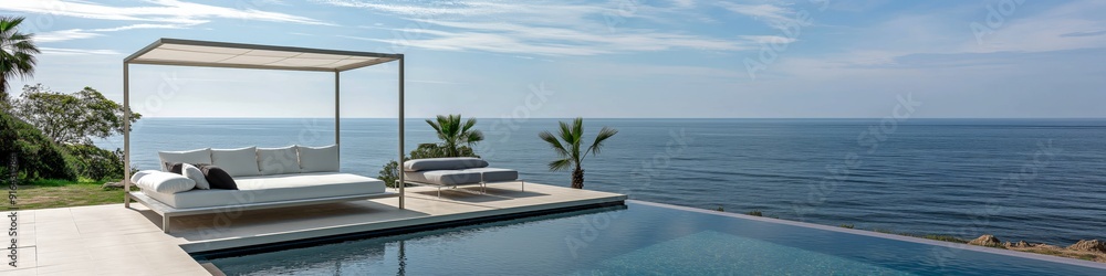 Fototapeta premium Luxurious seaside infinity pool with cabana offers stunning ocean views and serene relaxation on a sunny day.