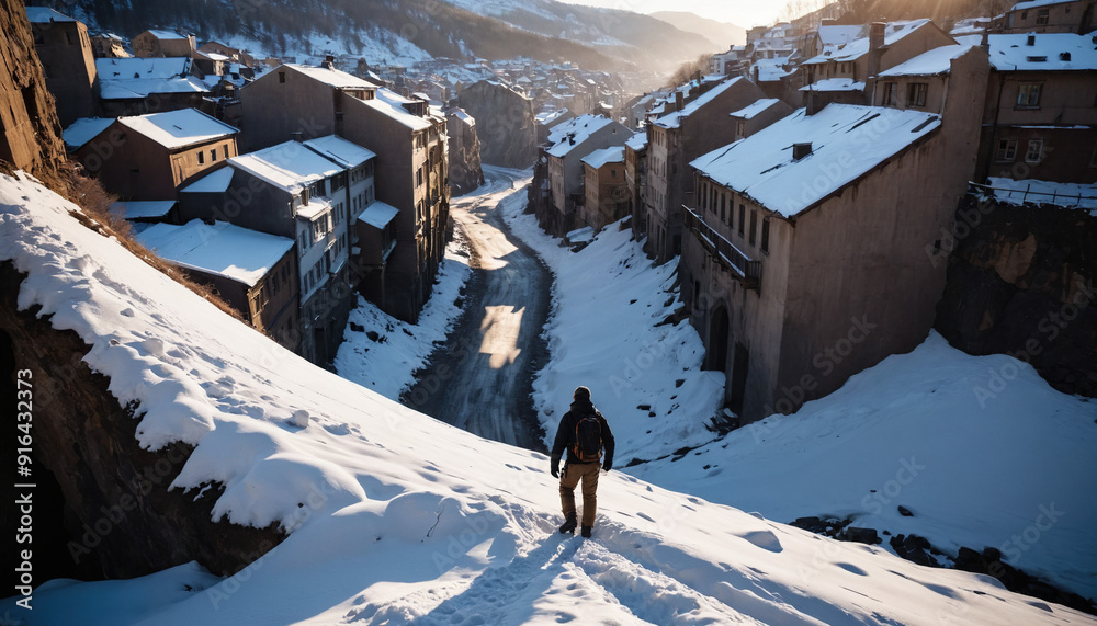 Fototapeta premium Architecture City Unknowns in Snowy Winter: The Discoverer's Quest Overwhelmed in Landslide