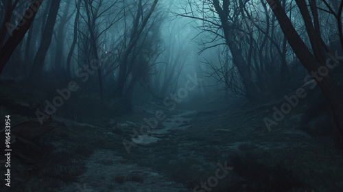 Creepy Forest Scenes: Dense woods shrouded in mist with ominous pathways and ample copy space