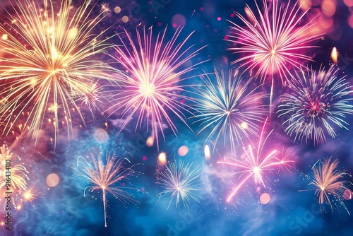 Colorful fireworks bursting in night sky, symbolizing celebration and joyous occasions