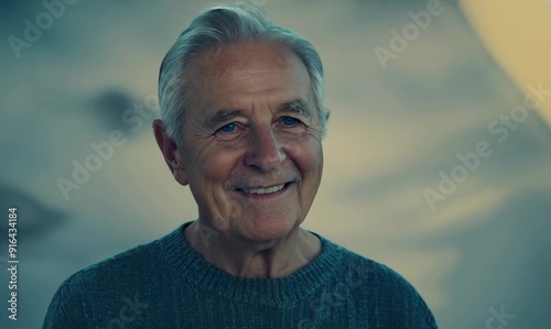 Medium shot portrait video of a Swedish man in his 70s wearing a simple tunic against an abstract background photo