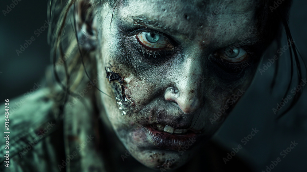 Fototapeta premium Zombie Portraits: Lifelike, eerie depictions of zombies with dark, unsettling backdrops and copy space
