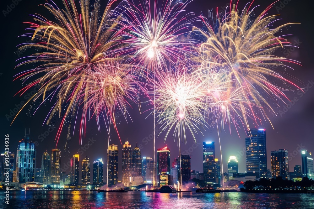 Close-up of fireworks exploding over city skyline, showcasing urban celebrations and landmarks Close-up of fireworks exploding over city skyline, showcasing urban celebrations and landmarks