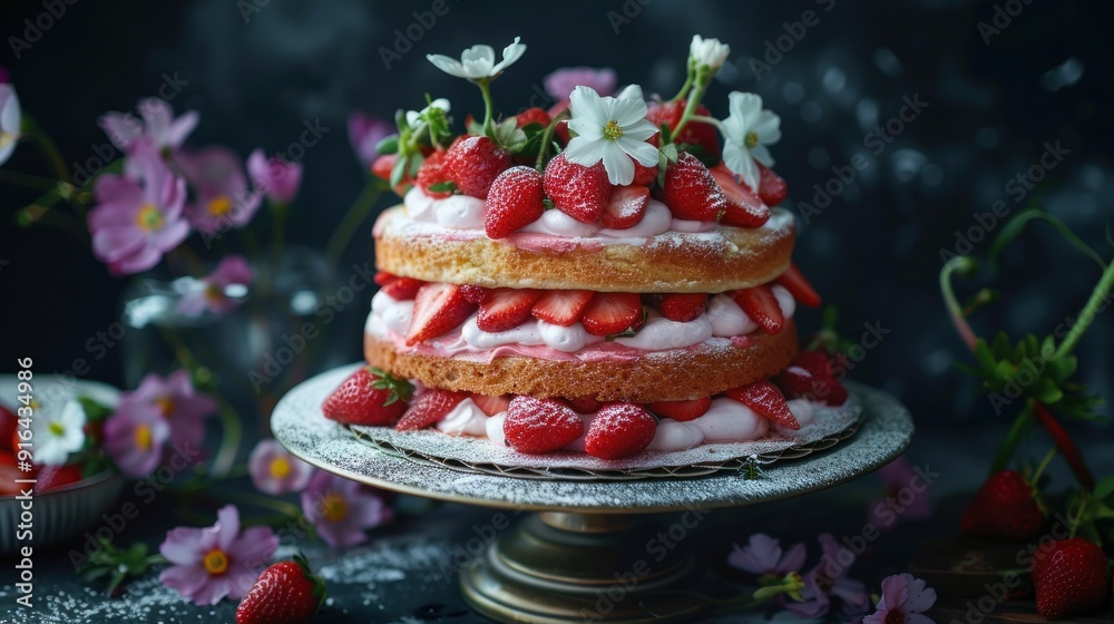 Strawberry Cake with Flowers