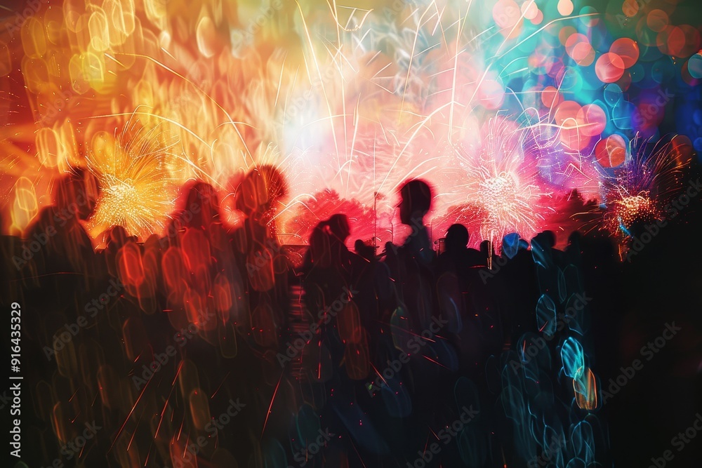 Fototapeta premium Abstract visualization of fireworks display with silhouetted crowd, representing communal excitement