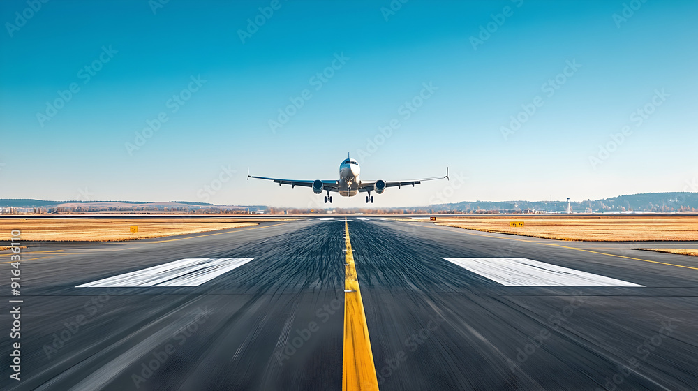 Modern airplane taking off from a runway, clear blue sky. Modern airplane taking off from a runway, clear blue sky.