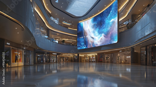  A prominent LED panel is situated at the facade of a shop in the mall.: Generative AI