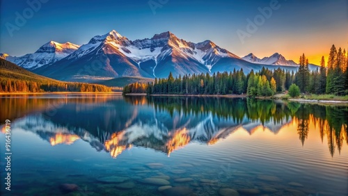 Serene mountain lake at dawn with snow-capped mountain in background , serene, breathtaking, painting, mountain lake